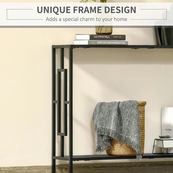Black metal console table frame with shelf and side slat details; grey top