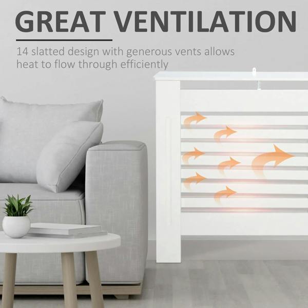 White radiator cover cabinet with slatted ventilation panels.