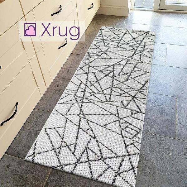 Grey Kitchen Rug Flat Weave Small Large Runner Geometric Patterned Flat Pile Mat