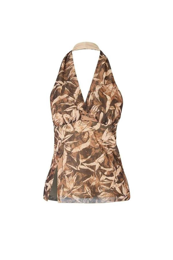 WOVCOR Floral Fitted Halter Neck Tulle Knit Blouse