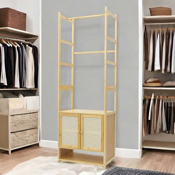 BMBO Wooden Hall Tree Coat Stand With Shoe Rack Natural Brown