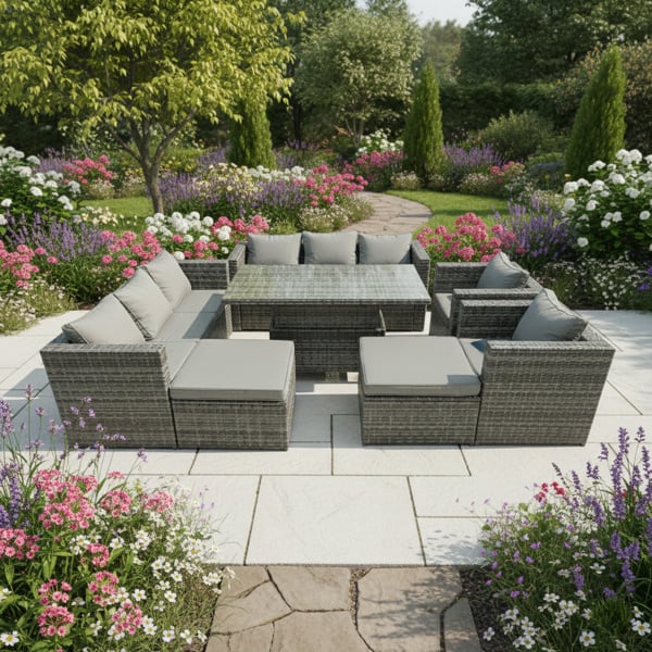 Fimous 10 Seater Rattan Garden Furniture Set with Rising Dining Table,  2 Sofas, 2 Armchairs & 2 Stools - Dark Grey