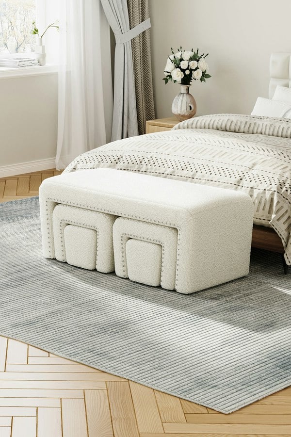 Living and Home White Upholstered Teddy Fleece Ottoman Bench Set