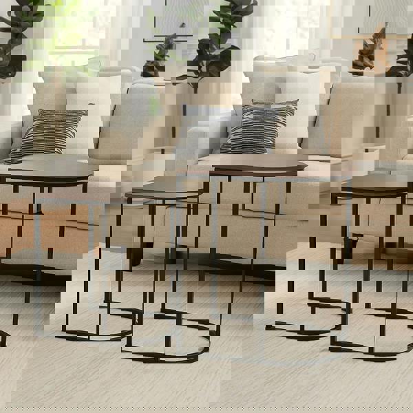 Gr8 Home Nest of 2 Coffee Table Metal Wooden Woodgrain Side Tables Set For Living Room