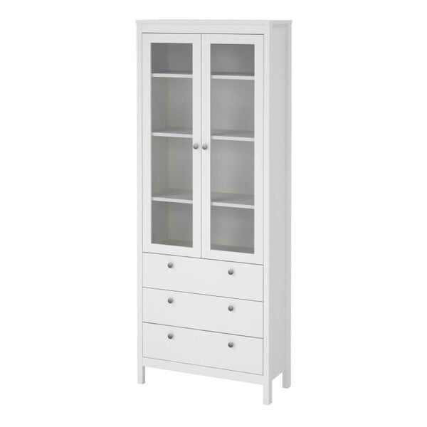Wyld Haus Gossmere White Wooden China Cabinet 2 Glass Doors 3 Drawers Silver Handles