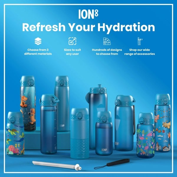 Several blue water bottles, varying in size and design, are displayed on a blue surface. Some bottles feature child-friendly designs. Accompanying text advertises the bottles, highlighting material options, sizes, designs, and accessories.