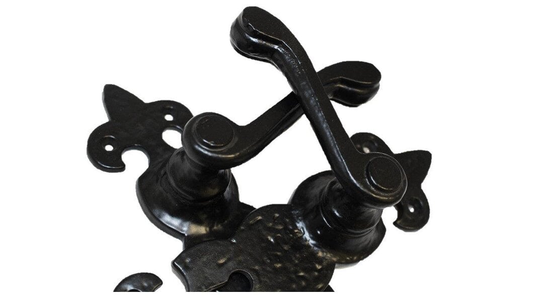 EDH Door Hardware Black Cast Iron Fleur-de-Lys Lever Lock Door Handles  Ornate Antique Internal