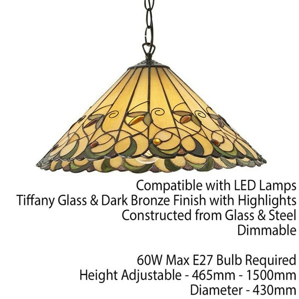 Tiffany Glass Hanging Ceiling Pendant Light Bronze & Amber Floral Shade i00126 Loops