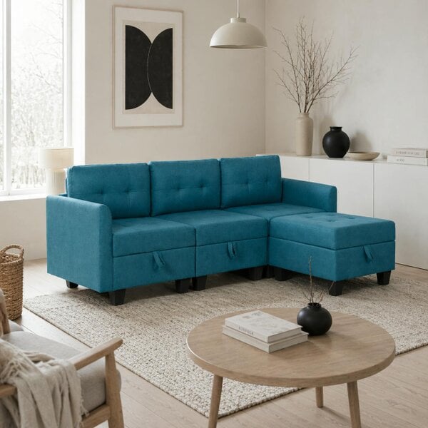 Wyld Haus Torono Light Blue Upholstered Modular L Shaped Sofa With Built In Storage