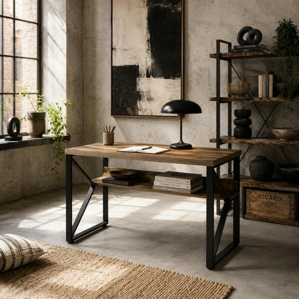 Wyld Haus Filudi 120cm Wooden Black Brown Wood Effect Desk With Storage Shelving