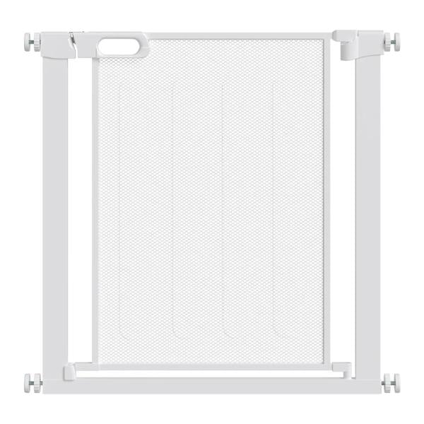 White pet safety gate with mesh panel and metal frame