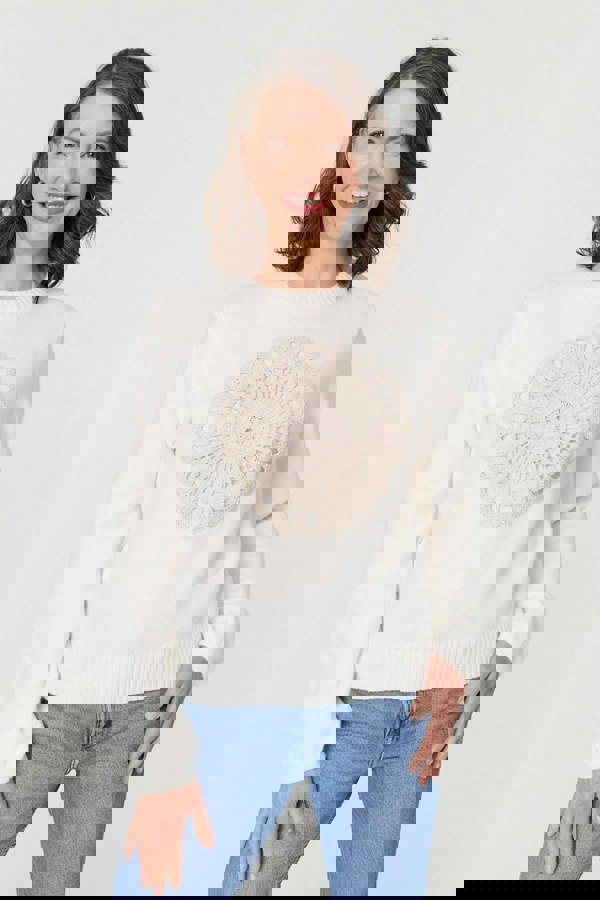 White | Embroidered Detail Long Sleeve Jumper : Model is 5'8"/172 cm and wears UK10/EU38/US6/AUS10