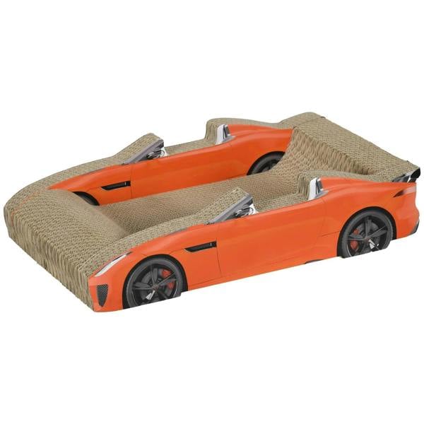 Orange car-shaped cat scratching board with catnip, 2-in-1 set of two