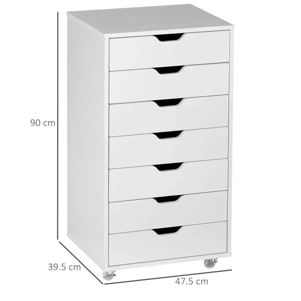 White seven-drawer filing cabinet on wheels, front view with black drawer pulls