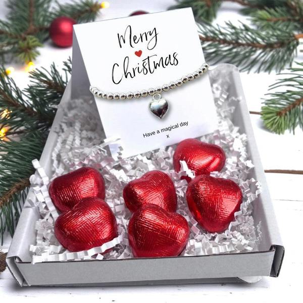 Aye Do Gifts Merry Christmas Gift Box, Silver Heart Bracelet & Chocolate Hearts