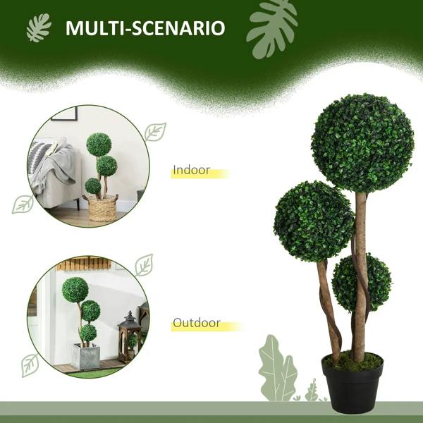 Three stacked artificial boxwood ball topiary spheres, dark green, in black pot