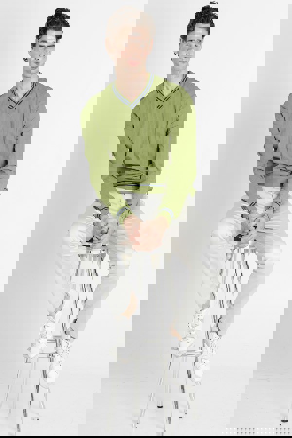 ENORSIA Green Contrast Ribbing V-Neck Sweatshirt