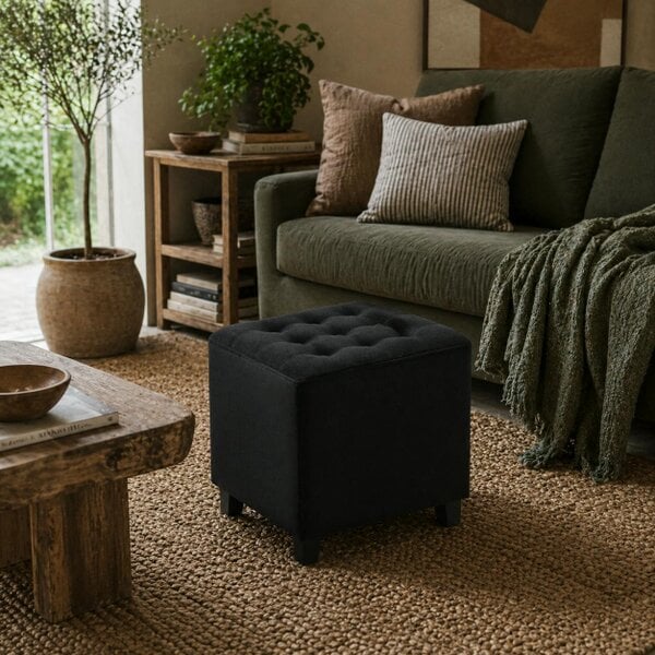 Wyld Haus Liviel Velvet Black Square Ottoman With Soft Upholstered Finish