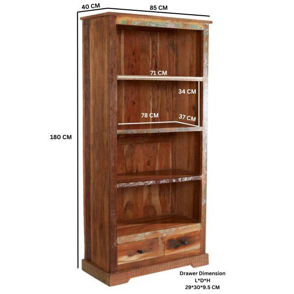 Wyld Haus Seattle Reclaimed Wood Large Bookcase 4 Shelves 2 Drawers