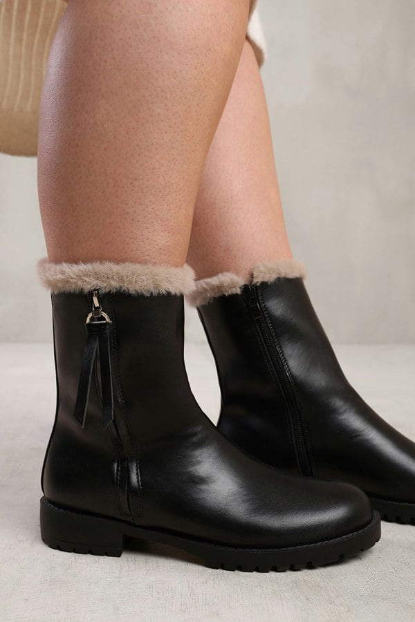 Where's That From Artic Mid Calf Boot With Fur Trim in Black Faux Leather