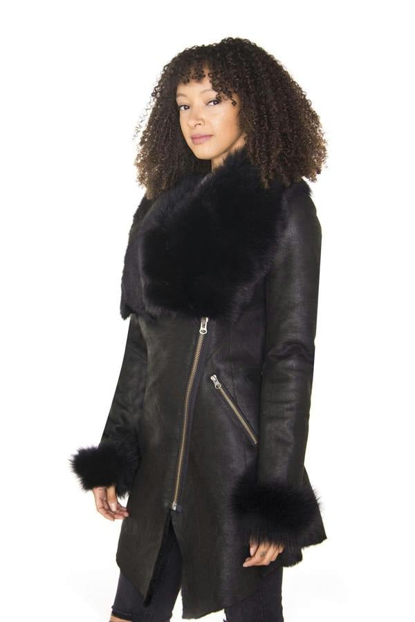 Infinity Leather Womens Black Merino Shearling Coat with Toscana Collar-Fortaleza