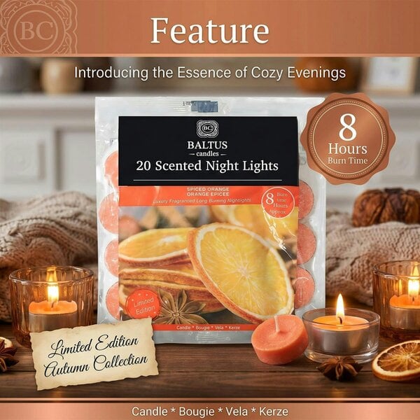 Baltus Spiced Orange Scented Tealight Candles, Pack of 20, Up to 8 Hour Burn Time
