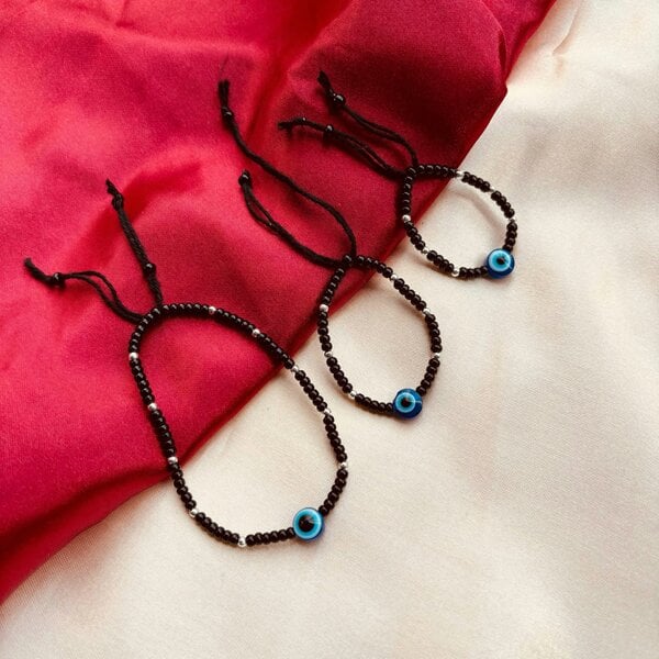 The Colourful Aura Adjustable Black Beads Evil Eye Bracelet For new borns and adults