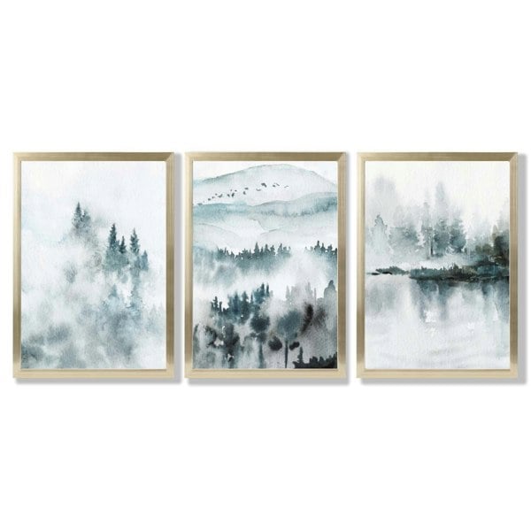 Artze Wall Art Teal Blue Abstract Forest Lake Set of 3 Framed Wall Art