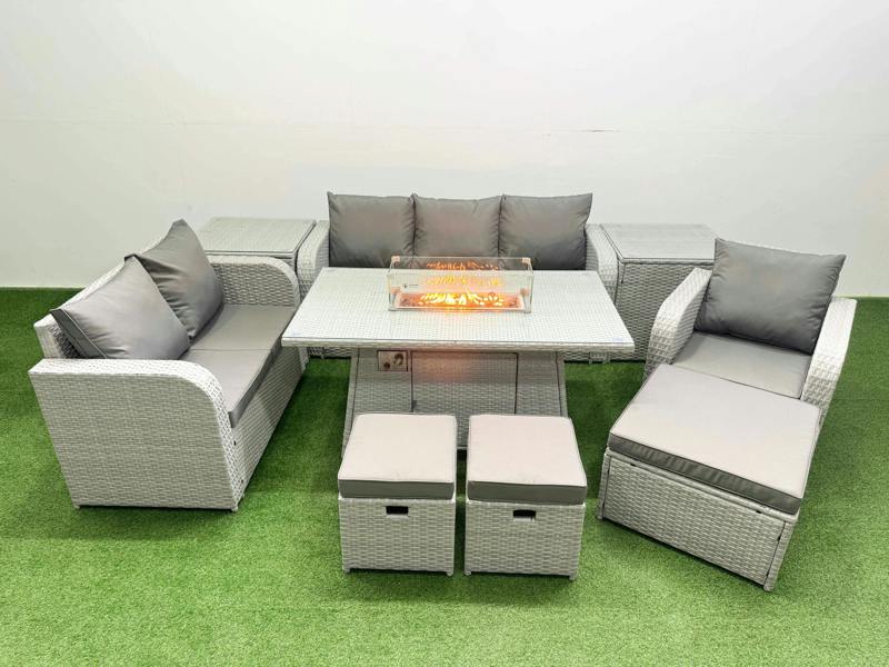 Fimous 9 Seater PE Wicker Rattan Garden Furniture Patio Set, Firepit Table, Reclining Chair, Loveseat, 3 Seater Sofa, Stool, 2 Side Table, Light Grey