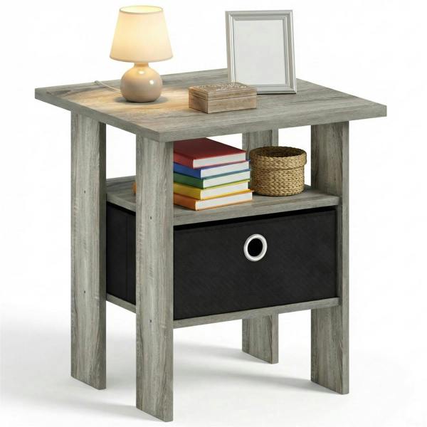 WALPLUS Andrey End Table Nightstand with Bin Drawer, French Oak Grey/Black | Stylish Table for Home Use with Practical and Modern Design
