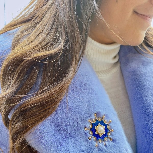 blue pearl brooch wedding guest style