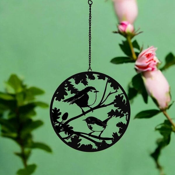 EDH Door Hardware Black Robin & Wren Hanging Mirror Silhouette – 39cm x 23cm | Metal Art Garden Décor | Reflective Hanging Ornament
