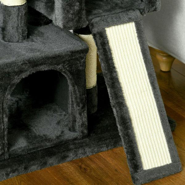 Black plush cat tree scratching board with sisal-wrapped vertical post close-up