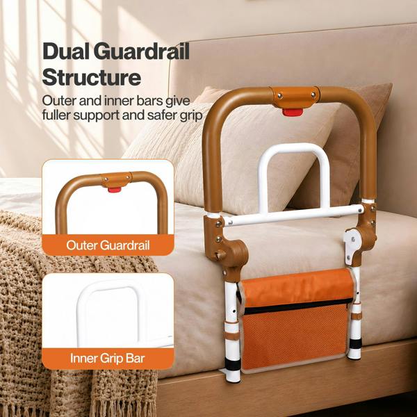 Levede Bed Rail Foldable 2 Handle Adjustable Height Non-Slip Grip Pocket Orange