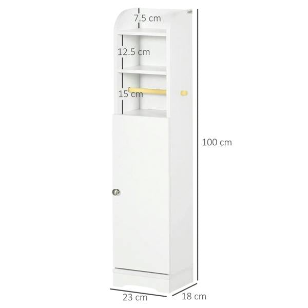 White narrow bathroom cabinet with dimensions shown, open shelves and lower door
