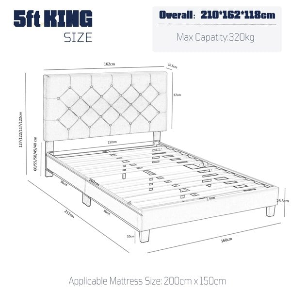 Furniture One Double Bed Frame, Upholstered Platform Bed Frame with Adjustable Headboard, Solid Wood Slats, Max Load 320KS