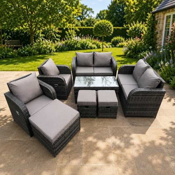 Fimous 9 Seater Rattan Garden Furniture Set Outdoor Patio Sofa, Table and Chairs Garden Table Footstools Ideal for Balcony, Outdoor & indoor Patio Set