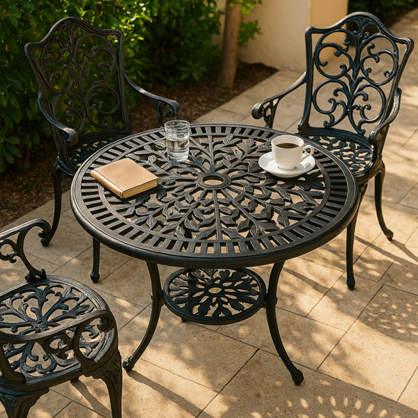 Centurion Supports TABREEZ Opulent Garden and Patio Table and 4 Large Chairs with Armrests Cast Aluminium Bistro Set - Black