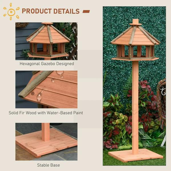 Hexagonal wooden bird gazebo with slanted roof and sturdy vertical post base