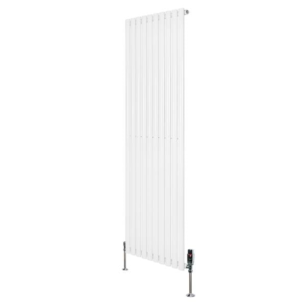 Oval single column radiator in sleek white finish, 1800mm x 600mm, featuring modern vertical design and chrome valves