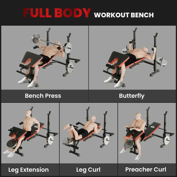 Full-body workout bench with multiple exercise positions, red-and-black padded seat