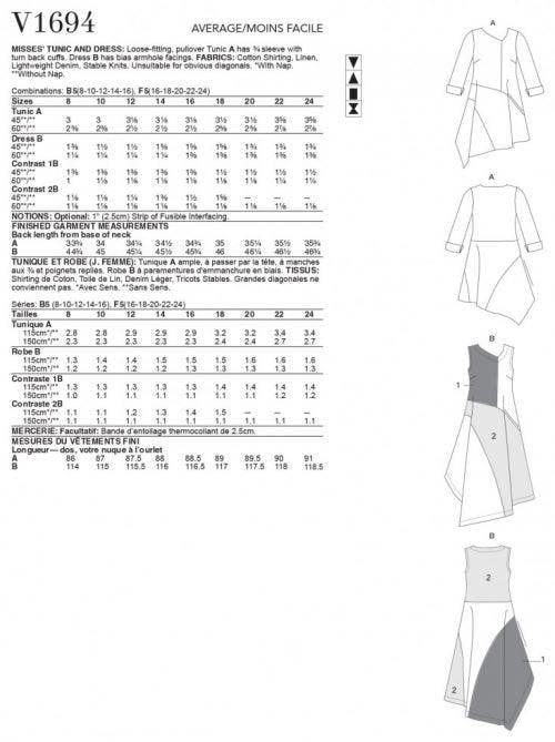 Vogue Sewing Pattern 1694, Tunics, Dresses for Women, B5 (8-10-12-14-16) - Intermediate