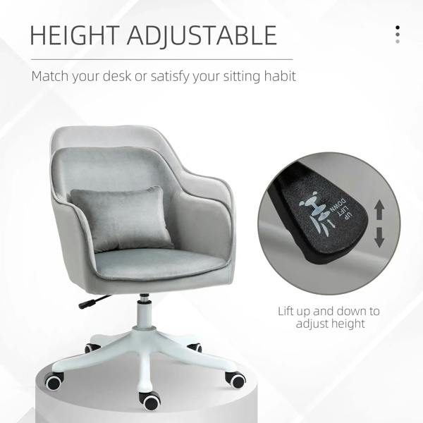 Grey height-adjustable office chair with lift control and rolling caster base
