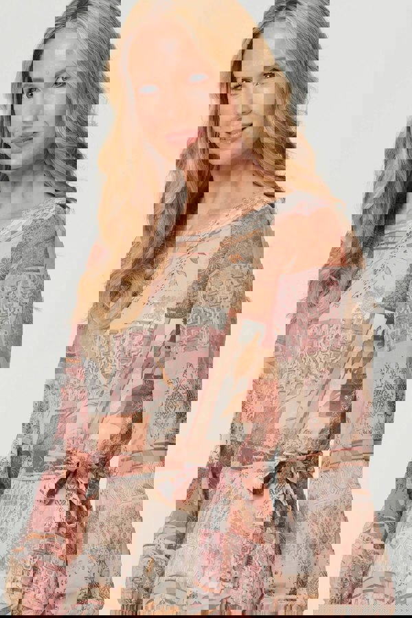 Rust | Patchwork Tie Long Sleeve Maxi Dress
