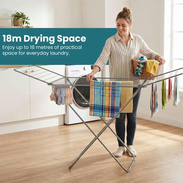 Laundry Mate Extendable Clothes Airer with Sock Clip 18M Drying Space Clothes Horse with Non-Slip Feet - Winged Foldable Laundry Rack