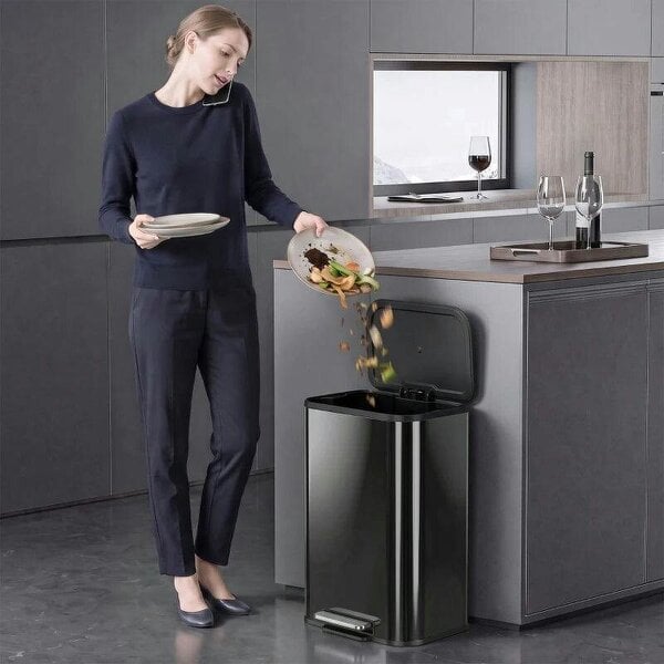 50L Kitchen Bin, Metal Pedal Rubbish Bin with Soft Close and Stay-Open Lid, Removable Inner Bucket, High Gloss Black