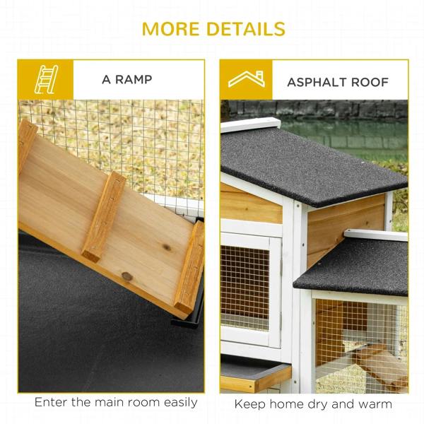 White rabbit hutch details: wooden ramp and black asphalt-style roof panels