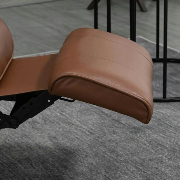 Brown faux leather recliner armchair cushion and curved footrest with underside