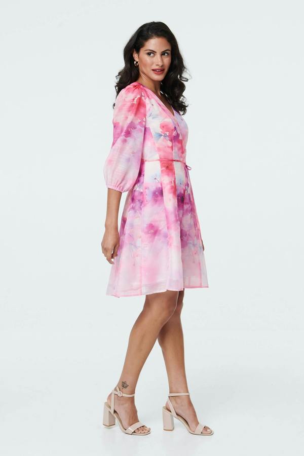 Pink | Floral Layer 3/4 Puff Sleeve Short Dress