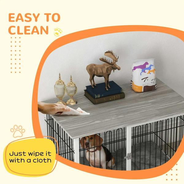 Grey cushioned dog crate end table with wipes-clean surface and open front door